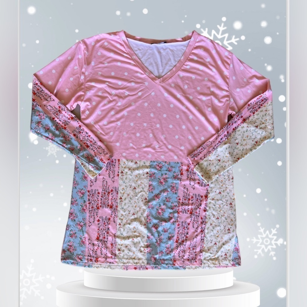 LILY by Firmiana Tunic Top Womens L Large FLORAL PINK Blue POLKA DOT Shirt